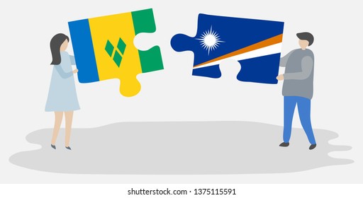 Couple holding two puzzles pieces with Vincentian and Marshallese flags. Saint Vincent and the Grenadines and Marshall Islands national symbols together.