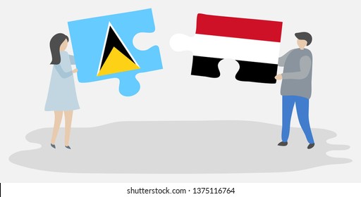 Couple holding two puzzles pieces with Saint Lucian and Yemeni flags. Saint Lucia and Yemen national symbols together.