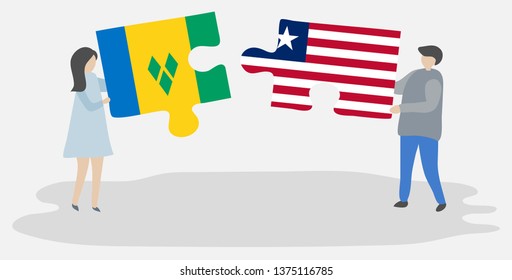 Couple holding two puzzles pieces with Vincentian and Liberian flags. Saint Vincent and the Grenadines and Liberia national symbols together.