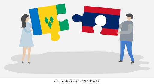 Couple holding two puzzles pieces with Vincentian and Lao flags. Saint Vincent and the Grenadines and Laos national symbols together.