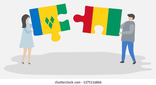Couple holding two puzzles pieces with Vincentian and Guinean flags. Saint Vincent and the Grenadines and Guinea national symbols together.