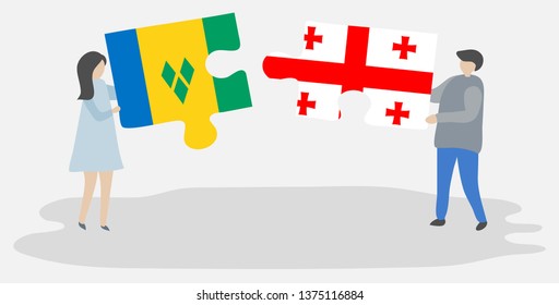 Couple holding two puzzles pieces with Vincentian and Georgian flags. Saint Vincent and the Grenadines and Georgia national symbols together.