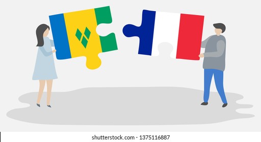 Couple holding two puzzles pieces with Vincentian and French flags. Saint Vincent and the Grenadines and France national symbols together.
