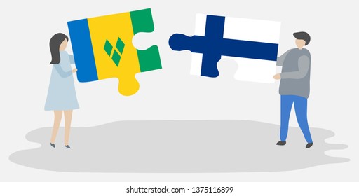 Couple holding two puzzles pieces with Vincentian and Finnish flags. Saint Vincent and the Grenadines and Finland national symbols together.