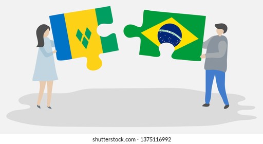 Couple holding two puzzles pieces with Vincentian and Brazilian flags. Saint Vincent and the Grenadines and Brazil national symbols together.
