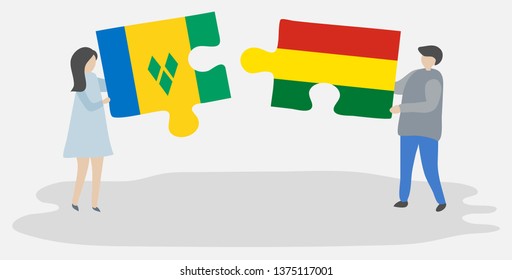 Couple holding two puzzles pieces with Vincentian and Bolivian flags. Saint Vincent and the Grenadines and Bolivia national symbols together.