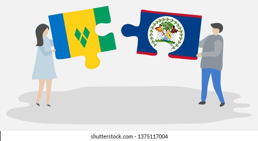 Couple holding two puzzles pieces with Vincentian and Belizean flags. Saint Vincent and the Grenadines and Belize national symbols together.