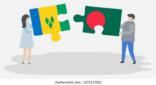 Couple holding two puzzles pieces with Vincentian and Bangladeshi flags. Saint Vincent and the Grenadines and Bangladesh national symbols together.