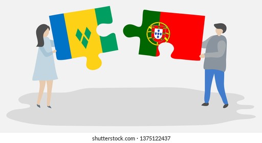 Couple holding two puzzles pieces with Vincentian and Portuguese flags. Saint Vincent and the Grenadines and Portugal national symbols together.
