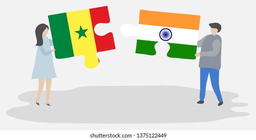 Couple holding two puzzles pieces with Senegalese and Indian flags. Senegal and India national symbols together.