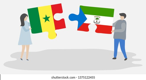 Couple holding two puzzles pieces with Senegalese and Equatorial Guinean flags. Senegal and Equatorial Guinea national symbols together.