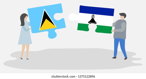 Couple holding two puzzles pieces with Saint Lucian and Basotho flags. Saint Lucia and Lesotho national symbols together.