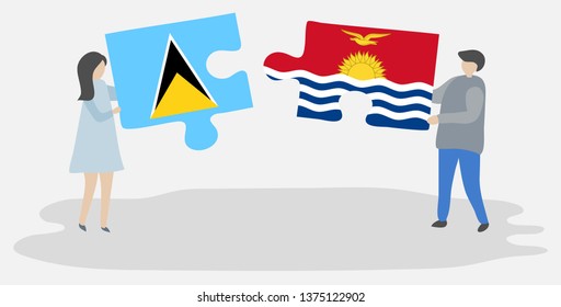 Couple holding two puzzles pieces with Saint Lucian and I-Kiribati flags. Saint Lucia and Kiribati national symbols together.
