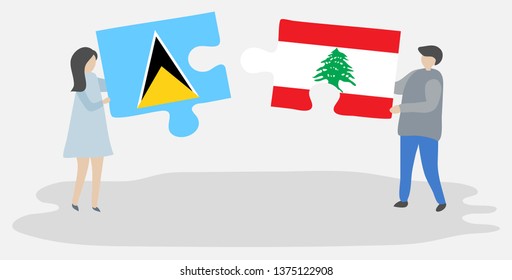 Couple holding two puzzles pieces with Saint Lucian and Lebanese flags. Saint Lucia and Lebanon national symbols together.