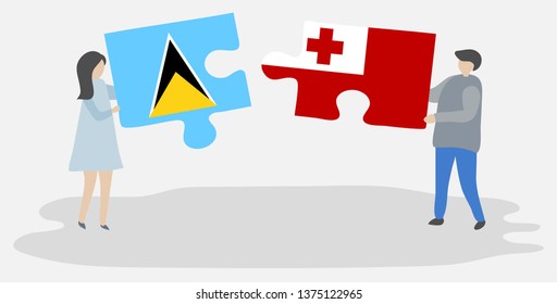 Couple holding two puzzles pieces with Saint Lucian and Tongan flags. Saint Lucia and Tonga national symbols together.