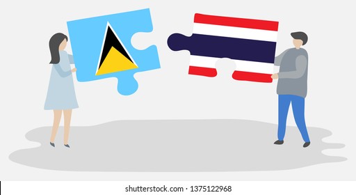 Couple holding two puzzles pieces with Saint Lucian and Thai flags. Saint Lucia and Thailand national symbols together.