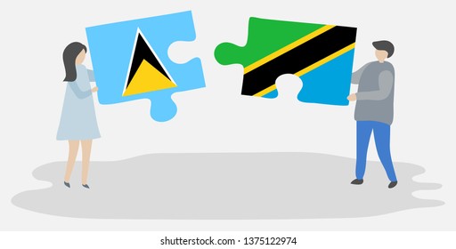 Couple holding two puzzles pieces with Saint Lucian and Tanzanian flags. Saint Lucia and Tanzania national symbols together.