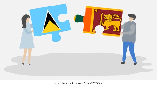 Couple holding two puzzles pieces with Saint Lucian and Sri Lankan flags. Saint Lucia and Sri Lanka national symbols together.