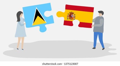 Couple holding two puzzles pieces with Saint Lucian and Spanish flags. Saint Lucia and Spain national symbols together.