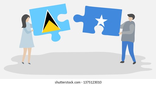 Couple holding two puzzles pieces with Saint Lucian and Somali flags. Saint Lucia and Somalia national symbols together.