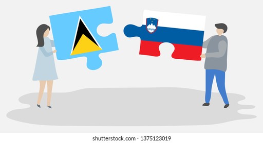 Couple holding two puzzles pieces with Saint Lucian and Slovenian flags. Saint Lucia and Slovenia national symbols together.