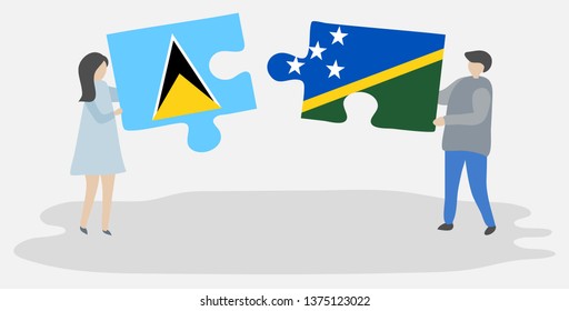 Couple holding two puzzles pieces with Saint Lucian and Solomon Island flags. Saint Lucia and Solomon Islands national symbols together.