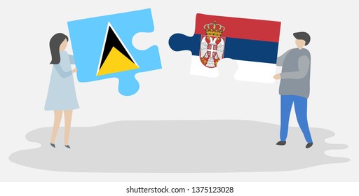 Couple holding two puzzles pieces with Saint Lucian and Serbian flags. Saint Lucia and Serbia national symbols together.