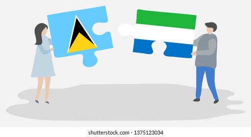 Couple holding two puzzles pieces with Saint Lucian and Sierra Leonean flags. Saint Lucia and Sierra Leone national symbols together.