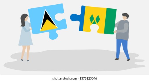 Couple holding two puzzles pieces with Saint Lucian and Vincentian flags. Saint Lucia and Saint Vincent and the Grenadines national symbols together.