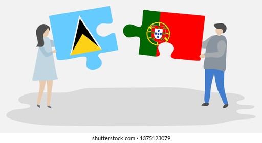 Couple holding two puzzles pieces with Saint Lucian and Portuguese flags. Saint Lucia and Portugal national symbols together.