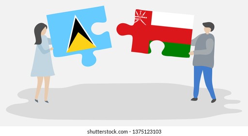 Couple holding two puzzles pieces with Saint Lucian and Omani flags. Saint Lucia and Oman national symbols together.