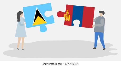 Couple holding two puzzles pieces with Saint Lucian and Mongolian flags. Saint Lucia and Mongolia national symbols together.