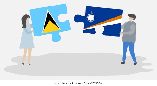 Couple holding two puzzles pieces with Saint Lucian and Marshallese flags. Saint Lucia and Marshall Islands national symbols together.