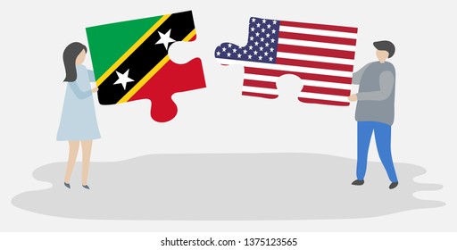 Couple holding two puzzles pieces with Kittitian and American flags. Saint Kitts and Nevis and United States of America national symbols together.