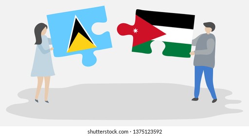 Couple holding two puzzles pieces with Saint Lucian and Jordanian flags. Saint Lucia and Jordan national symbols together.
