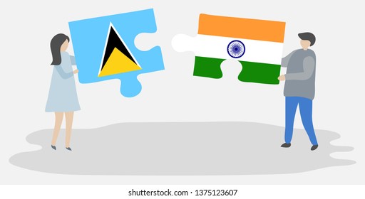 Couple holding two puzzles pieces with Saint Lucian and Indian flags. Saint Lucia and India national symbols together.