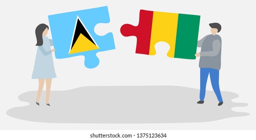 Couple holding two puzzles pieces with Saint Lucian and Guinean flags. Saint Lucia and Guinea national symbols together.
