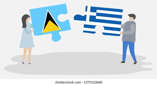 Couple holding two puzzles pieces with Saint Lucian and Greek flags. Saint Lucia and Greece national symbols together.