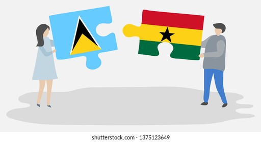 Couple holding two puzzles pieces with Saint Lucian and Ghanaian flags. Saint Lucia and Ghana national symbols together.