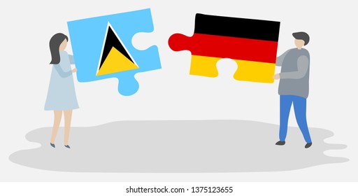 Couple holding two puzzles pieces with Saint Lucian and German flags. Saint Lucia and Germany national symbols together.