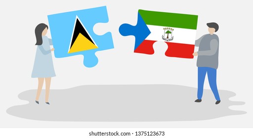 Couple holding two puzzles pieces with Saint Lucian and Equatorial Guinean flags. Saint Lucia and Equatorial Guinea national symbols together.