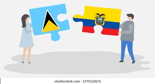 Couple holding two puzzles pieces with Saint Lucian and Ecuadorian flags. Saint Lucia and Ecuador national symbols together.