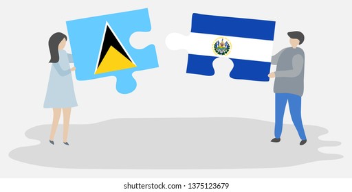 Couple holding two puzzles pieces with Saint Lucian and Salvadoran flags. Saint Lucia and El Salvador national symbols together.