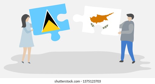 Couple holding two puzzles pieces with Saint Lucian and Cypriot flags. Saint Lucia and Cyprus national symbols together.