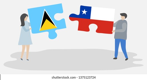 Couple holding two puzzles pieces with Saint Lucian and Chilean flags. Saint Lucia and Chile national symbols together.