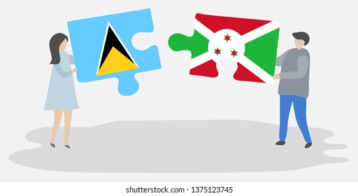 Couple holding two puzzles pieces with Saint Lucian and Burundian flags. Saint Lucia and Burundi national symbols together.