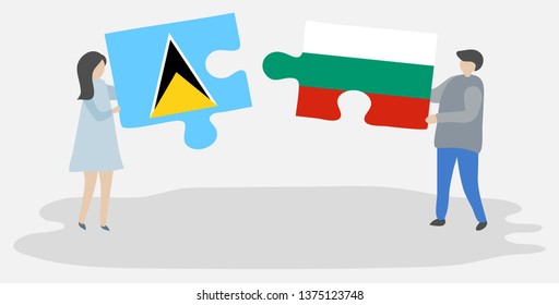 Couple holding two puzzles pieces with Saint Lucian and Bulgarian flags. Saint Lucia and Bulgaria national symbols together.