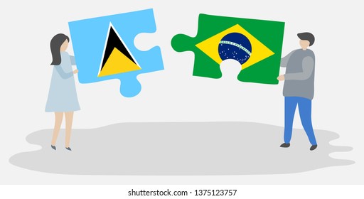 Couple holding two puzzles pieces with Saint Lucian and Brazilian flags. Saint Lucia and Brazil national symbols together.