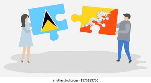 Couple holding two puzzles pieces with Saint Lucian and Bhutanese flags. Saint Lucia and Bhutan national symbols together.