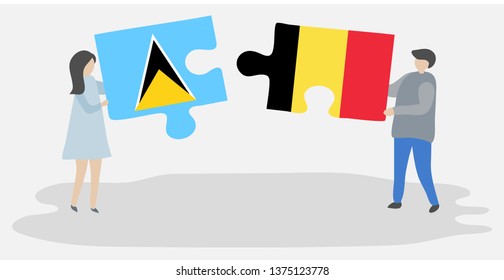 Couple holding two puzzles pieces with Saint Lucian and Belgian flags. Saint Lucia and Belgium national symbols together.